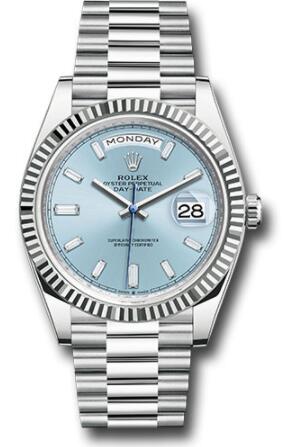 Replica Rolex Platinum Day-Date 40 Watch 228236 Fluted Bezel Ice Blue Dial President Bracelet
